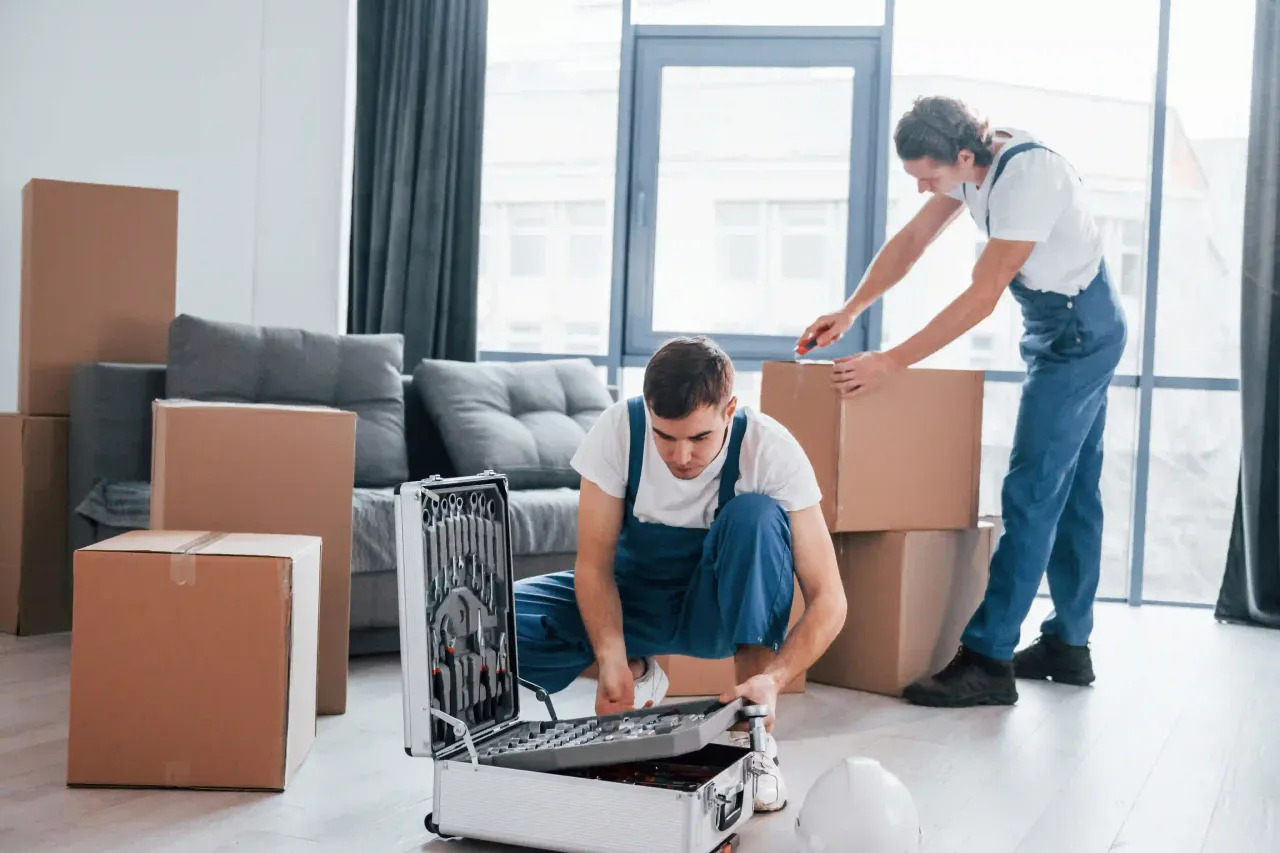 Packers and movers service crew loading packed boxes