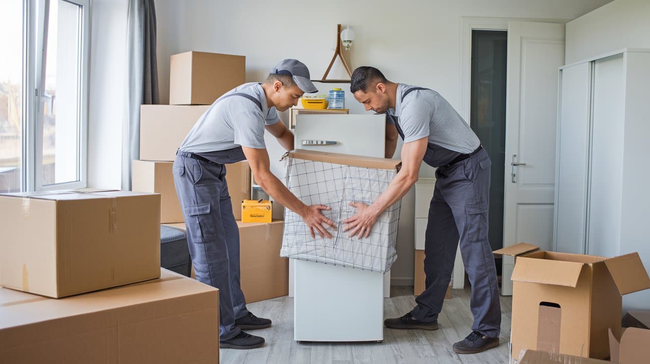 Movers carefully transporting a refrigerator appliance